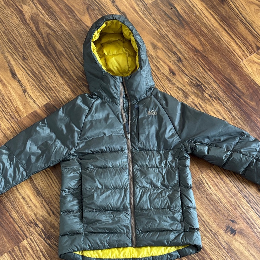 REI Kids' Olive Green Puffer Jacket with Yellow Lining